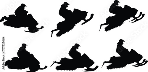 Black Silhouettes of Snowmobile Riders in Action Poses Performing Jumps, Turns, and Stunts on Winter Terrain for Extreme Sports Vector Illustration