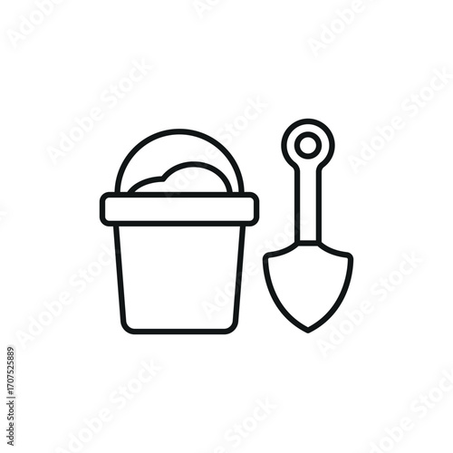 Bucket and spade with sand icon in line style for seaside and summer themes.