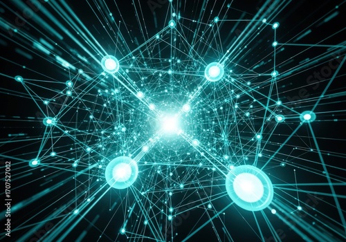 Illustration of abstract visualization of a digital network with glowing cyan nodes and connecting lines, creating a tunnel effect into a bright light