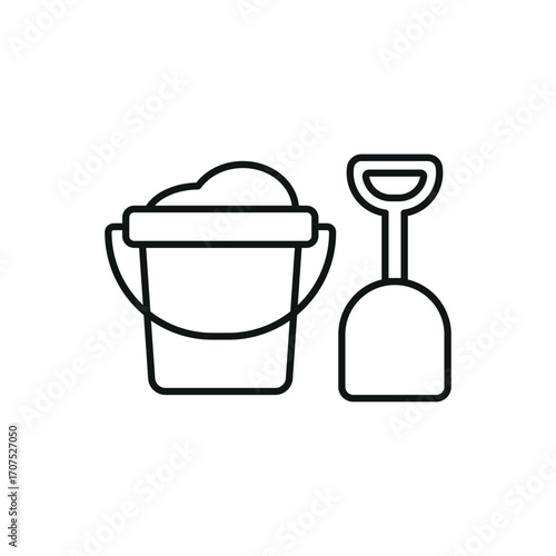 Bucket and spade with sand icon in line style for seaside and summer themes.