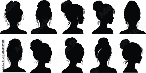 Black female profile silhouette set with diverse bun hairstyles, textured hair variations, elegant fashion beauty concept for hairstyle and salon design