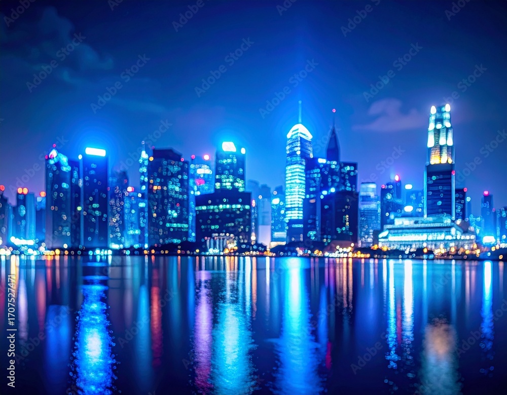 Fototapeta premium ultra realistic neon blue city night bokeh overlay, blurred reflections