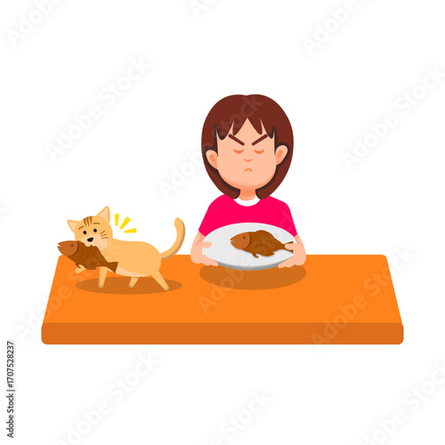 A little girl sulking as a cat steals fish from her plate