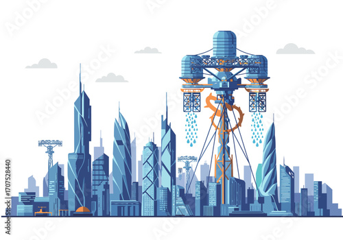 Futuristic Cityscape with Advanced Technology Tower.
