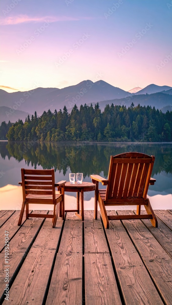 Fototapeta premium Tranquil lakefront scene at sunrise