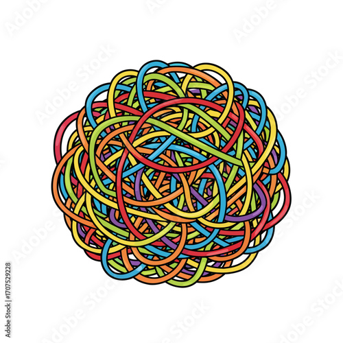 Colorful vector illustration of tangled rubber bands in a messy round shape.