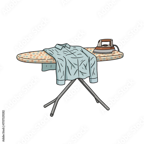 Cartoon vector illustration of ironing board with wrinkled shirt and electric iron.