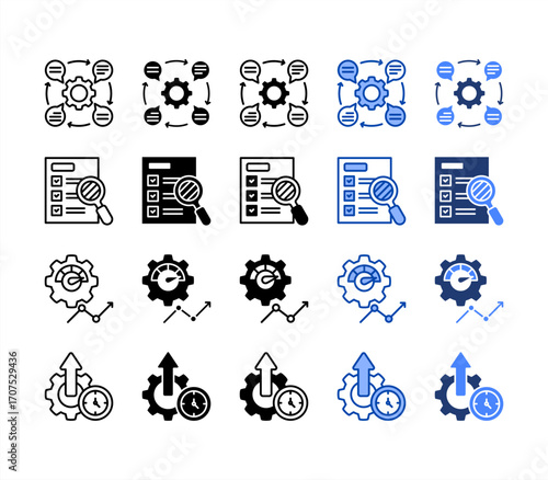 Strategic roadmap, Milestone, Continuous improvement, Risk management, multiple style icon set.