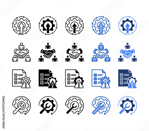 Transparency, Productivity, Workflow, Delegation, multiple style icon set.