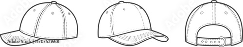 Baseball cap vector mockup, side front back view, adjustable snapback, curved brim hat design, blank cap illustration template