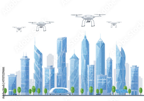 Futuristic Cityscape with Drones Delivering Goods.
