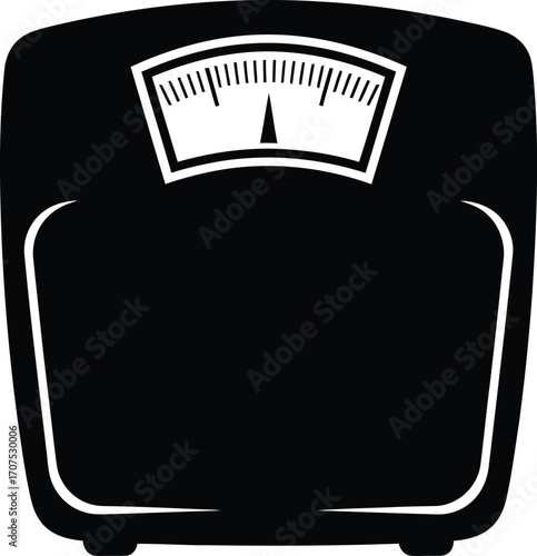 A black and white illustration of a vintage analog bathroom scale with a dial indicator.