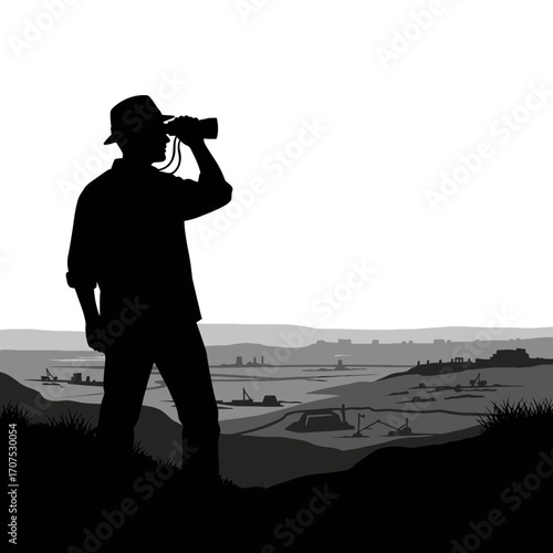 Male Archaeologist Surveying a Landscape with Binoculars
