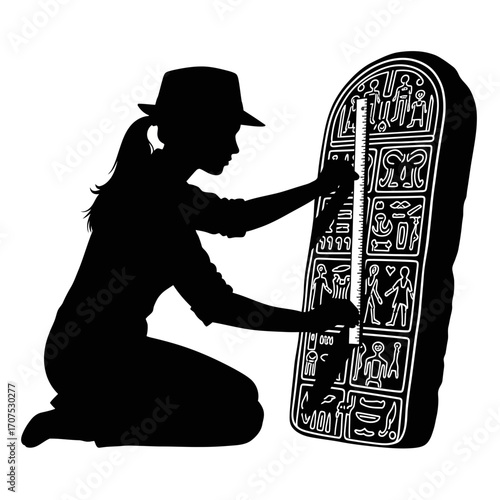 Female Archaeologist Silhouette Measuring Ancient Find with a Ruler