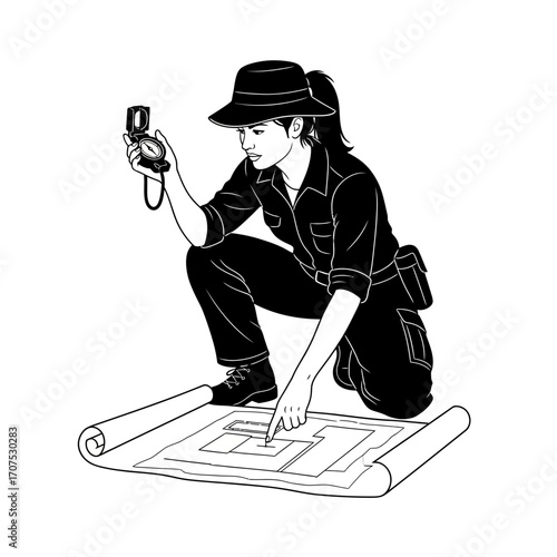 Female Archaeologist Mapping Excavation Site with a Compass