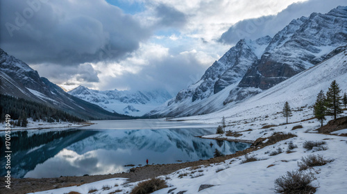 Wallpaper Mural A cold yet peaceful mountain panorama, where a snow-framed lake mirrors the sky, and faint human figures add scale to the vast wilderness. Torontodigital.ca