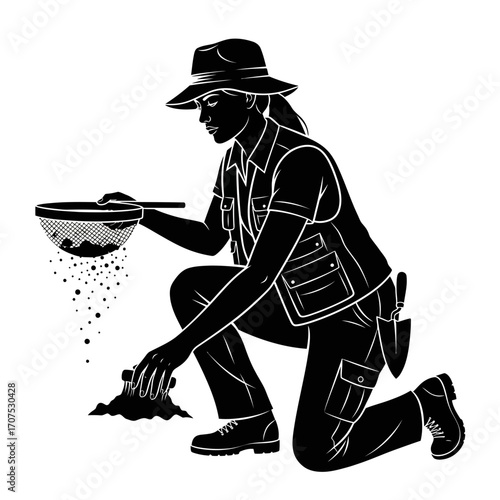 Dynamic Silhouette of a Female Archaeologist Sifting Soil at Dig Site