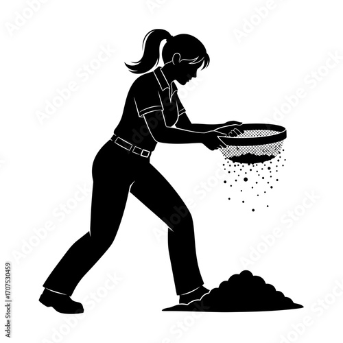 Dynamic Silhouette of a Female Archaeologist Sifting Soil at Dig Site