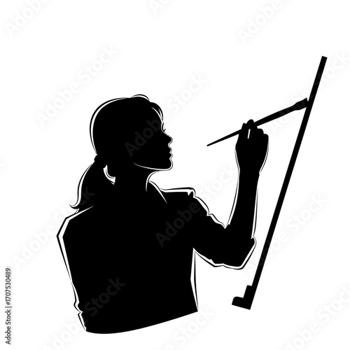 Dynamic Contour Silhouette of a Female Painter with Brush over Canvas