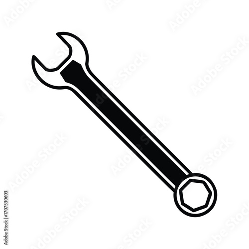Simple black wrench silhouette on a clean white background for design projects