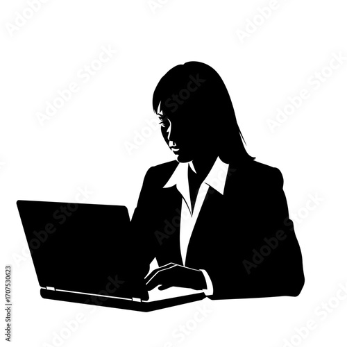 Clean Vector Silhouette of a Female Accountant Doing Digital Calculations