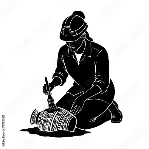 Black Vector Silhouette of a Female Archaeologist Brushing Pottery