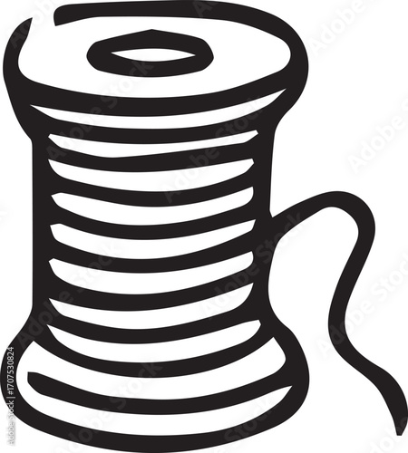 Vector line art illustration with embroidery tools and supplies. Needles, hoops, threads, scissors, thimble, fabric. Black and white outline drawing for craft, sewing, textile design, and handwork.