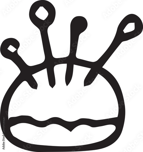 Vector line art illustration with embroidery tools and supplies. Needles, hoops, threads, scissors, thimble, fabric. Black and white outline drawing for craft, sewing, textile design, and handwork.