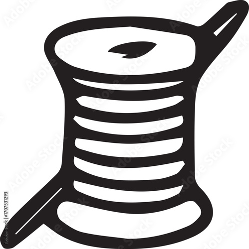 Vector line art illustration with embroidery tools and supplies. Needles, hoops, threads, scissors, thimble, fabric. Black and white outline drawing for craft, sewing, textile design, and handwork.