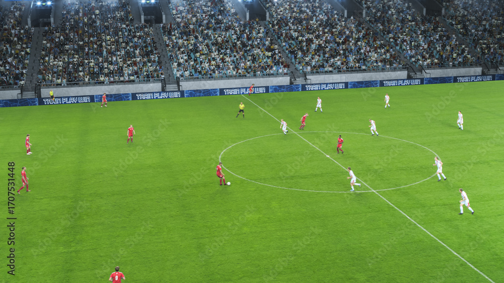 Obraz premium Soccer Football Championship Gameplay: Red and White Teams Players Play a Tournament Game. Sport Channel Live Television Broadcast. Photo Template for Screen Replacement