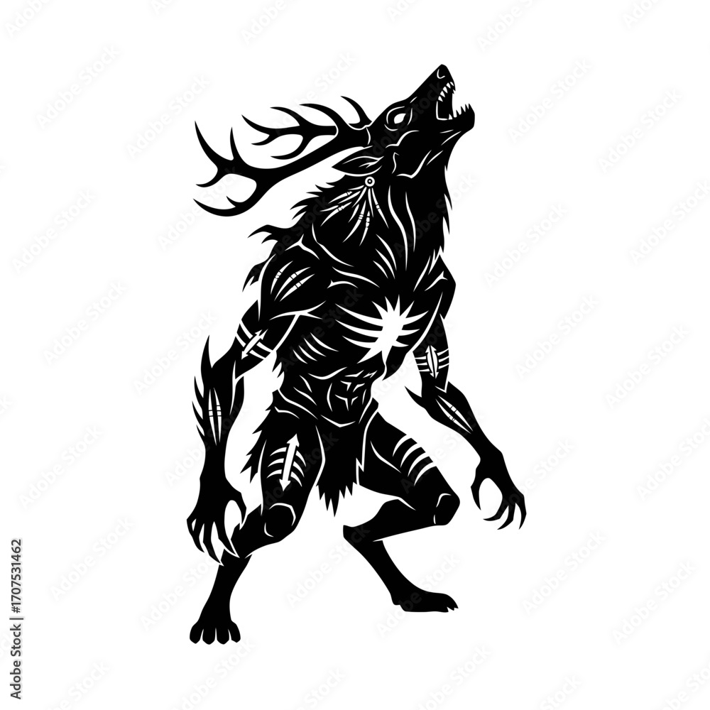 Obraz premium Terrifying Vector Silhouette of a Legendary Wendigo Howling