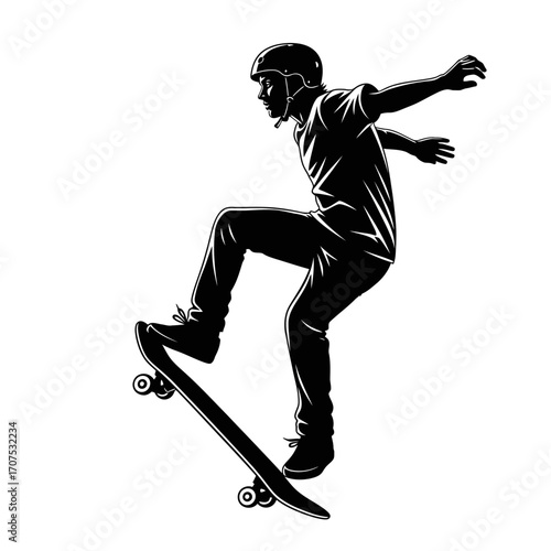Modern Graphic Silhouette of a Teenager Gliding on a Skateboard