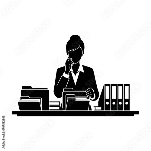 Silhouette of a Female Assistant Arranging Project Folders on a Desk