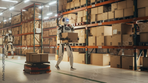 Robotic Worker Walking with a Cardboard Box Inside a Warehouse in a Smart Factory. Humanoid Robot Working in a Logistics Center, Performing Human Tasks with the Help of Artificial Intelligence