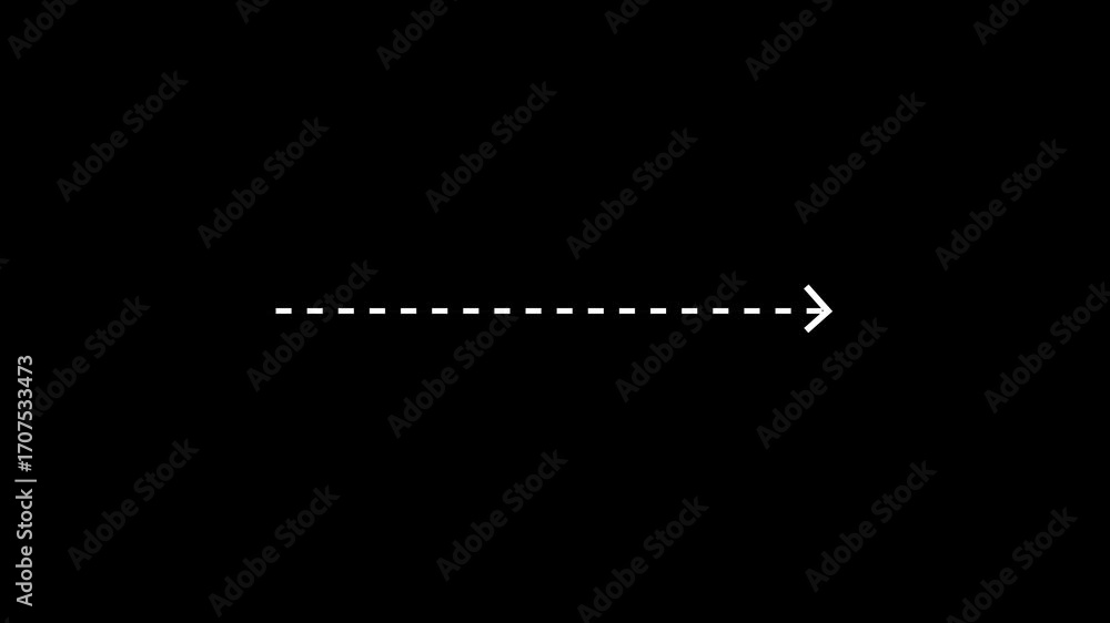 right arrow direction icon with dotted line animation on Black background. dot arrows icon sign animated with alpha channel. white straight arrows animation. Reveal animation of solid, dashed. 