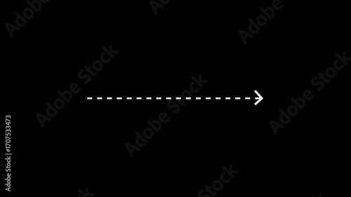 right arrow direction icon with dotted line animation on Black background. dot arrows icon sign animated with alpha channel. white straight arrows animation. Reveal animation of solid, dashed. 