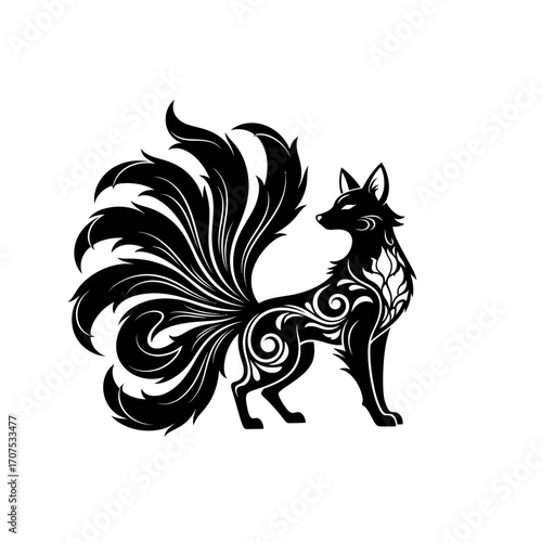 Vector Silhouette of a Cunning Legendary Kitsune with Nine Tails