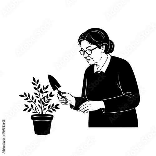 Vector Silhouette of Senior Woman Tending a Potted Plant, Nature-Inspired