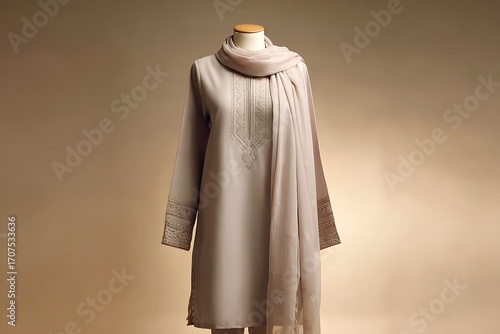 Elegant beige embroidered salwar kameez set with delicate scarf, perfect for formal occasions and festive celebrations.