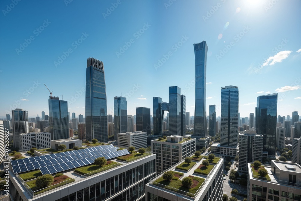 Fototapeta premium Modern Cityscape with Solar Panels and Skyscrapers Under Blue Sky