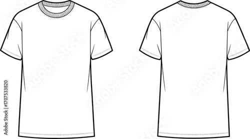 Basic crew neck t-shirt template front and back view, blank unisex tee mockup, fashion flat sketch, apparel design vector