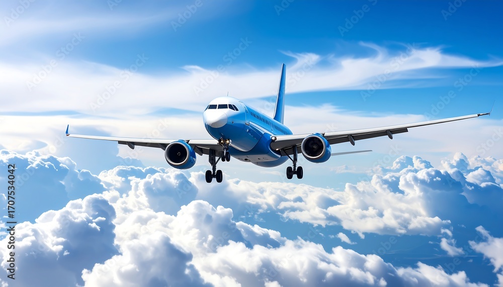 Obraz premium Airplane soaring through fluffy clouds