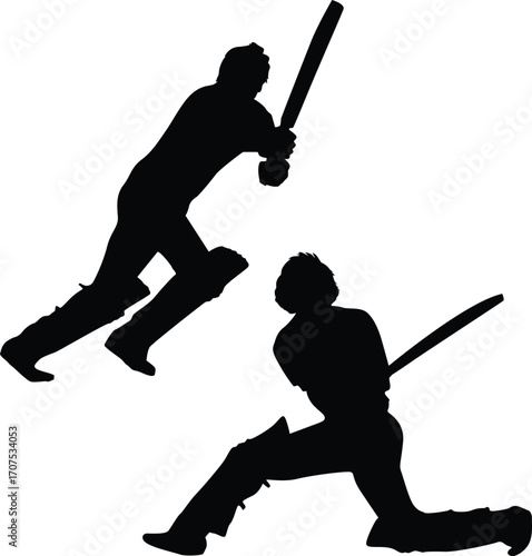 Vintage Cricket Batsman Vector | Classic Players Batting Shot EPS Illustration
