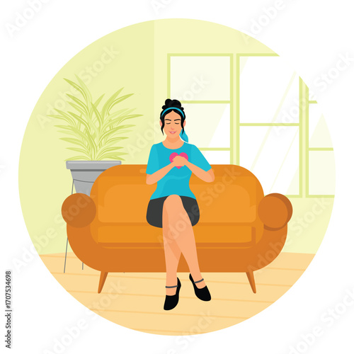 Feeling self love concept. Woman Sitting on Sofa Holding Heart in Comfortable Living Room.