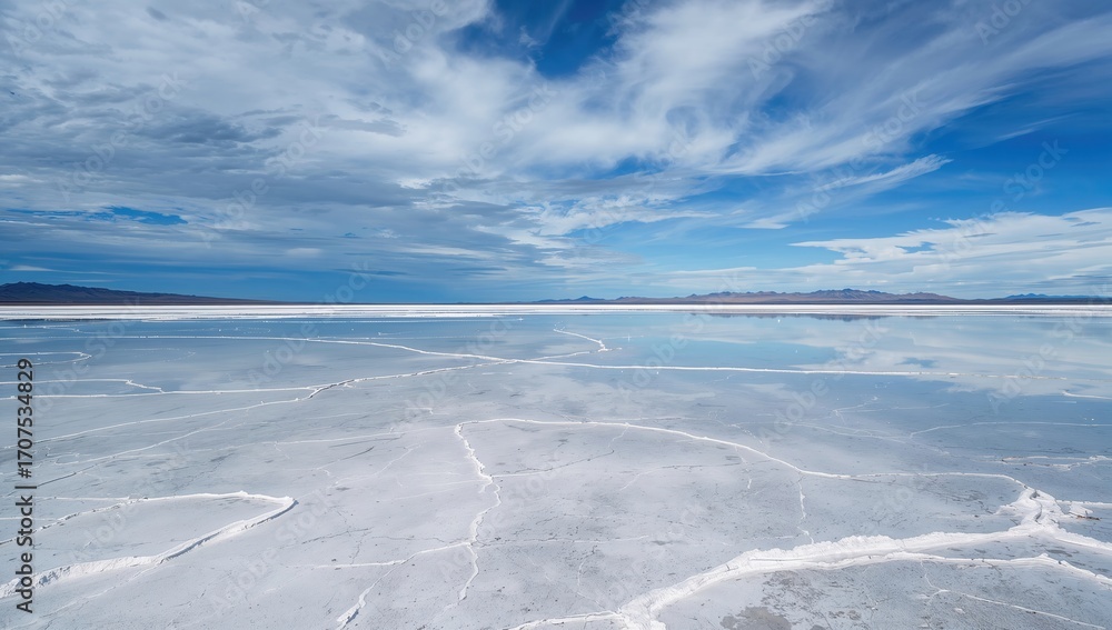 Obraz premium Expansive salt flat landscape reflecting clouds and sky during daytime, showcasing natural patterns