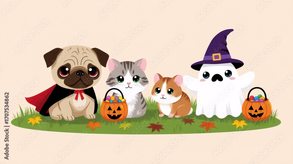 Naklejka premium Cute cartoon animals and ghost celebrating Halloween with candy baskets.