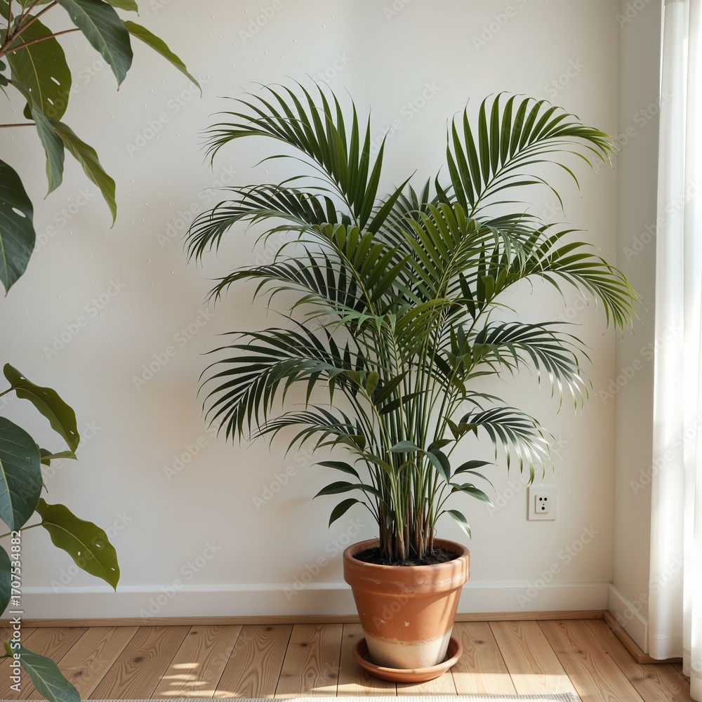 Fototapeta premium Lush Green Indoor Plant in Terracotta Pot Against White Wall