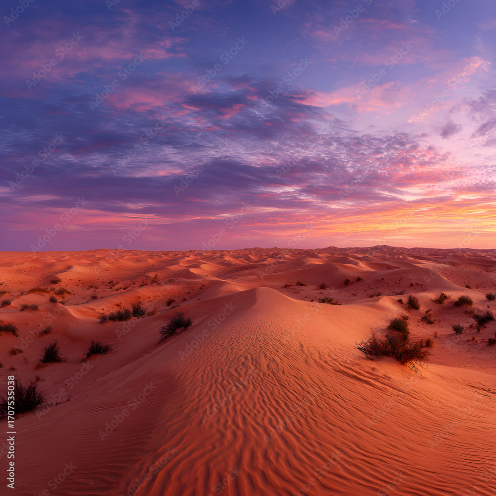 Fototapeta premium Aerial View of Desert Sand Dunes with Colorful Sky 