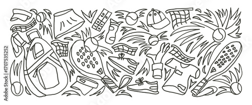Padel tennis black line sketch set. Racket, ball, sport dress hand drawn marker isolated on white background. Scribble sport equipment elements. Vector fitness and active hobby illustration by pencil.
