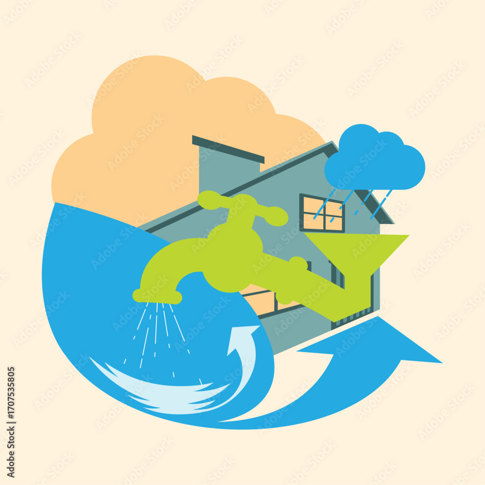 Naklejka premium Vector illustration of domestic water reuse system. A house with rainwater harvesting, green faucet and blue arrows symbolize water reuse, recycling, conservation, and sustainability.